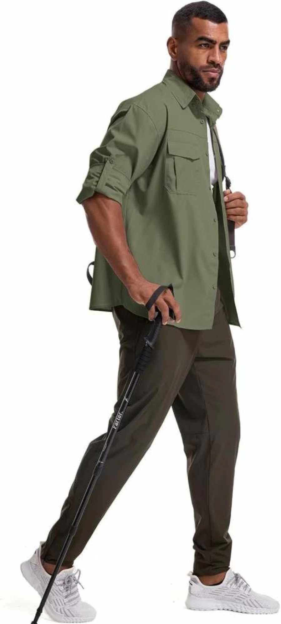Jawtut Men's UPF 50+ Long Sleeve Safari Shirt - Army Green Quick Dry UV Protection Shirt for Hiking, Fishing & Outdoor Activities