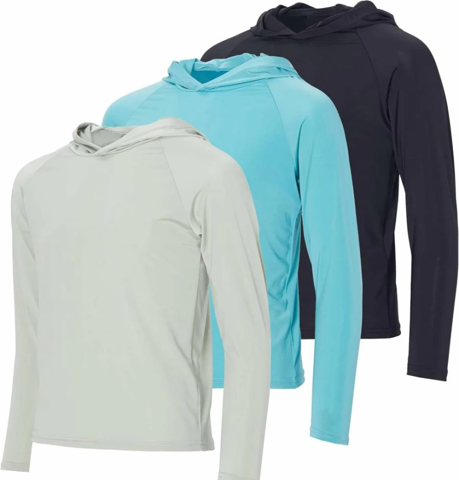 Real Essentials Youth UPF 50+ Sun Protection Hoodie Rash Guard - Long Sleeve Swim Shirt for Boys & Girls (Ages 4-16) - 3 Pack UV Swimwear for Kids Fishing & Water Sports