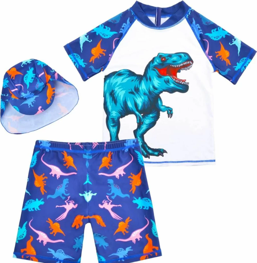 AuSletie Boys Dinosaur Rash Guard Swimsuit Set with Sun Cap - UPF 50+ UV Protection for Kids 2-6 Years, Short Sleeve Swimwear & Matching Swim Shorts