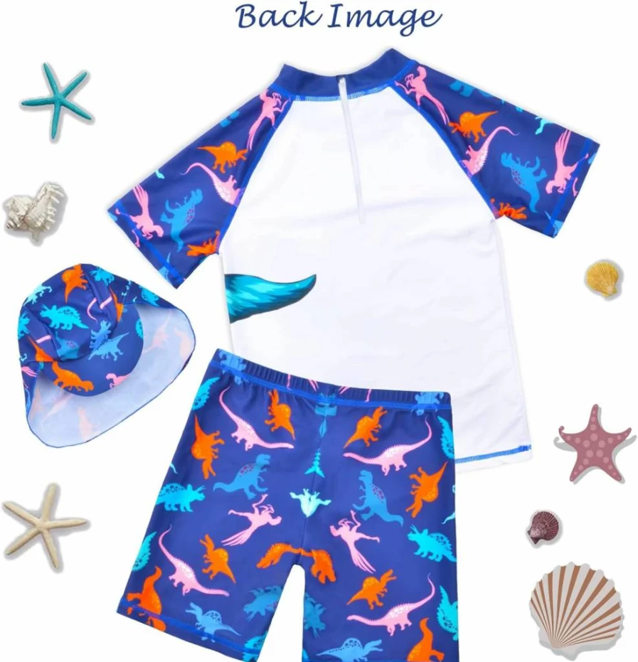 AuSletie Boys Dinosaur Rash Guard Swimsuit Set with Sun Cap - UPF 50+ UV Protection for Kids 2-6 Years, Short Sleeve Swimwear & Matching Swim Shorts