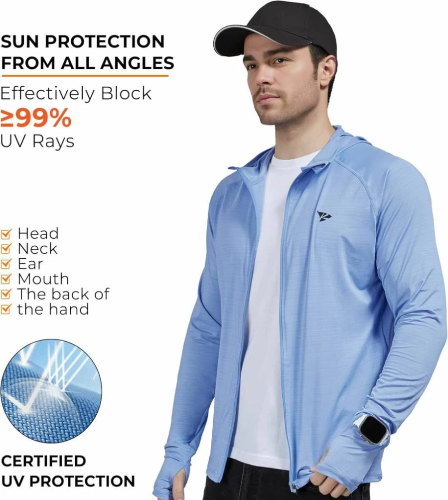 Rodeel Men's UPF 50+ Sun Protection Hoodie with Zipper & Neck Gaiter for Fishing, Hiking & Outdoor Activities