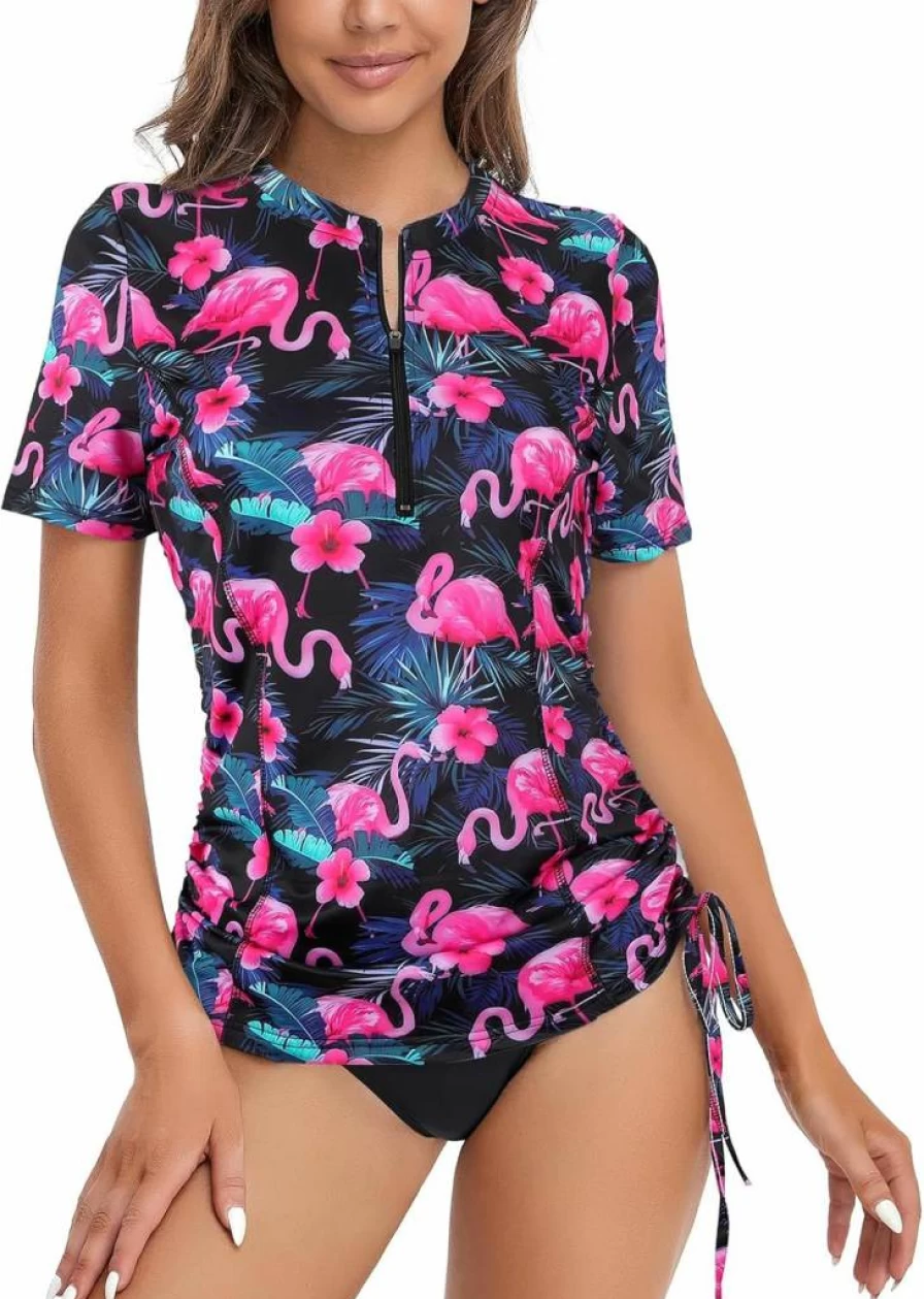 LURANEE Women's UPF 50+ Short Sleeve Rash Guard Swimsuit Top - Adjustable Side Ties, S-XXL