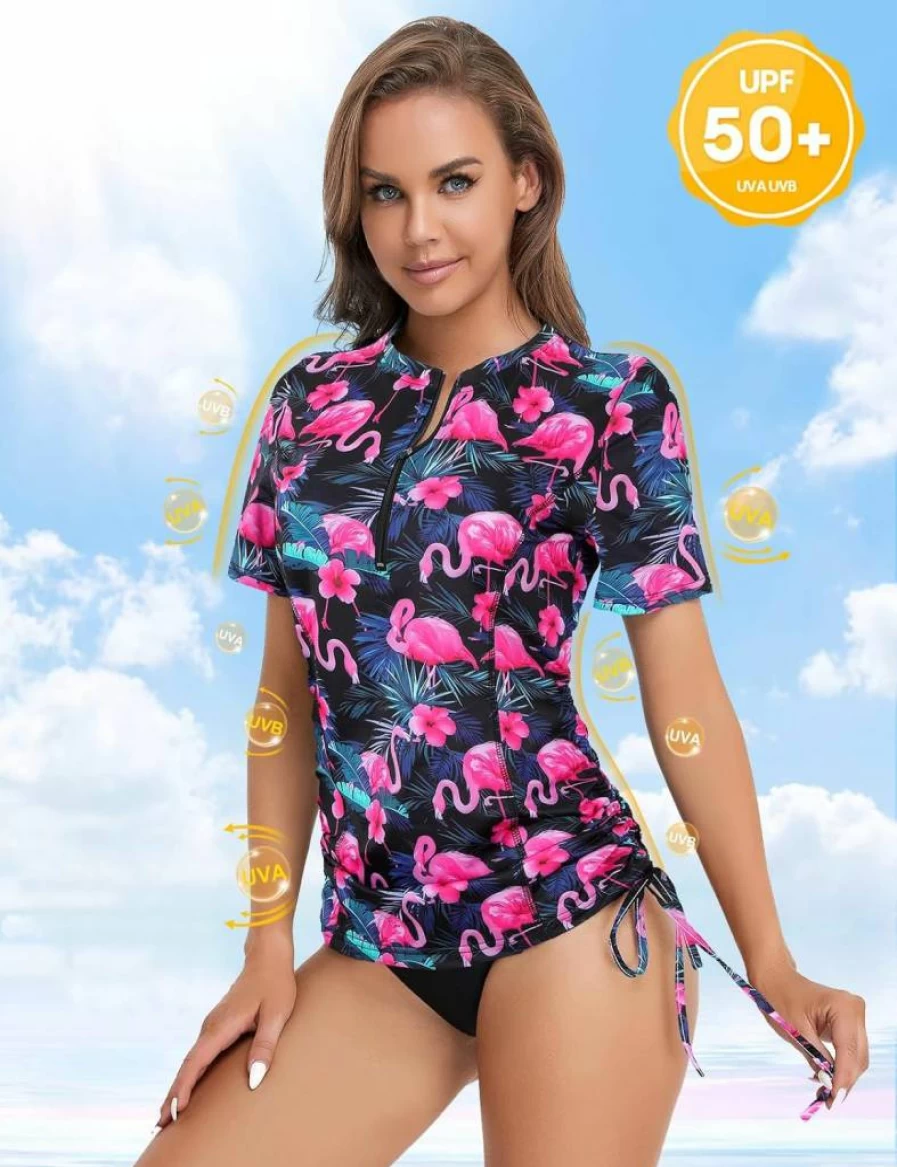 LURANEE Women's UPF 50+ Short Sleeve Rash Guard Swimsuit Top - Adjustable Side Ties, S-XXL