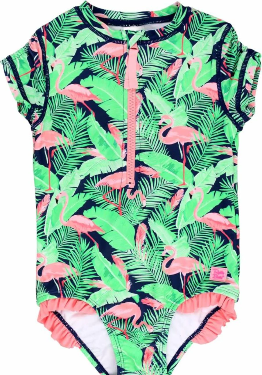 RuffleButts Girls UPF 50+ Sun Protection One-Piece Rash Guard Baby Swimsuit with Ruffle Design