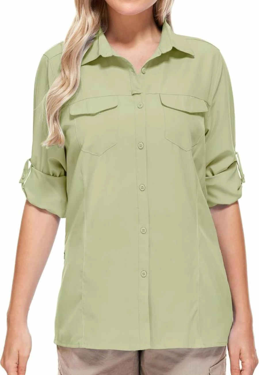 MOSINGLE Women's UPF 50+ Safari Shirt - Lightweight Quick-Dry Sun Protection Shirt for Hiking, Fishing & Travel with Zipper Pockets