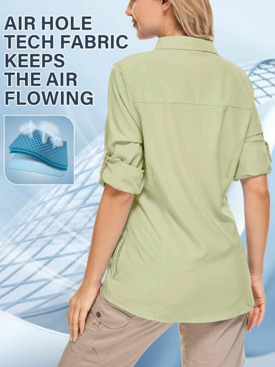 MOSINGLE Women's UPF 50+ Safari Shirt - Lightweight Quick-Dry Sun Protection Shirt for Hiking, Fishing & Travel with Zipper Pockets
