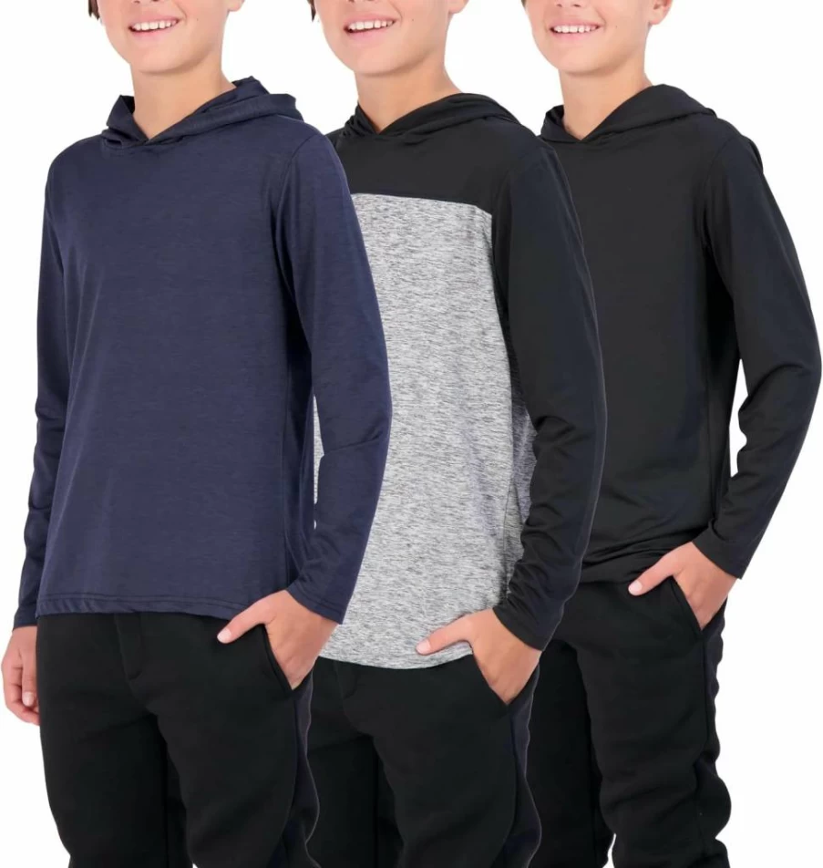 Real Essentials 3-Pack Youth Boys Dry-Fit Long Sleeve Hoodie - Breathable Active Pullover Sweatshirts for Teens